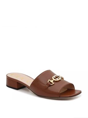 Gucci Brown Leather Slide Mules with Gold Horsebit